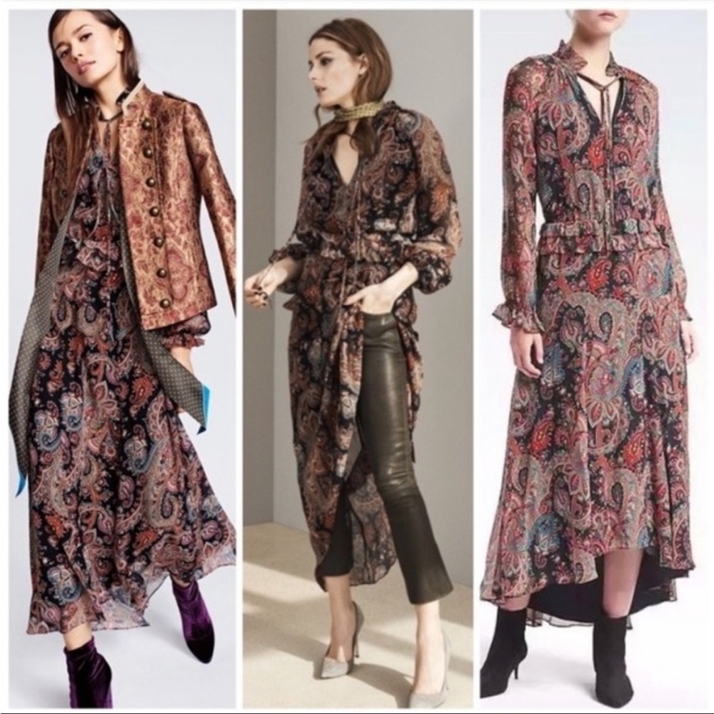 Banana Republic X Olivia Palermo Dress Paisley Ruffle Boho Maxi Tiered Silk Med
